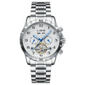 Men's silver automatic perpetual calendar mechanical watch with stainless steel strap and sapphire glass