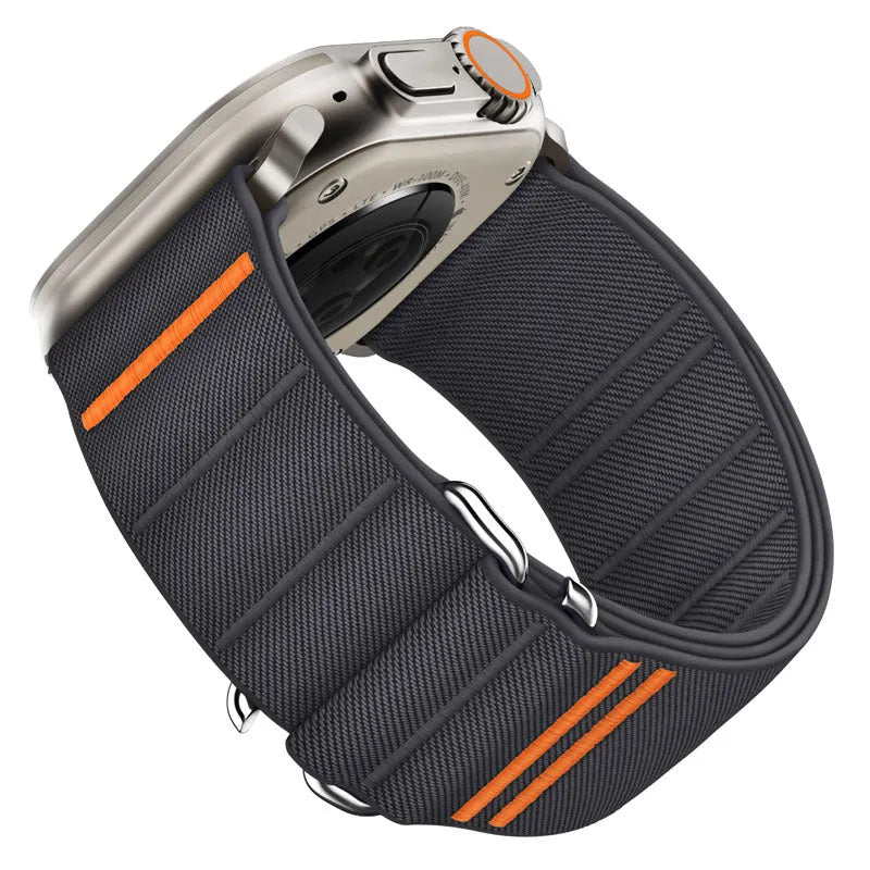 Elastic nylon Apple Watch replacement strap with stainless steel buckle in army green colour