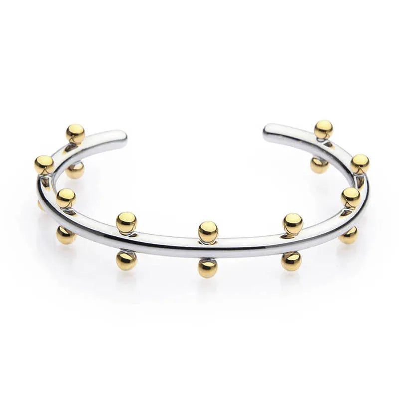 C-shaped stainless steel jewellery beads with rivet texture in gold, steel, and steel gold colours.