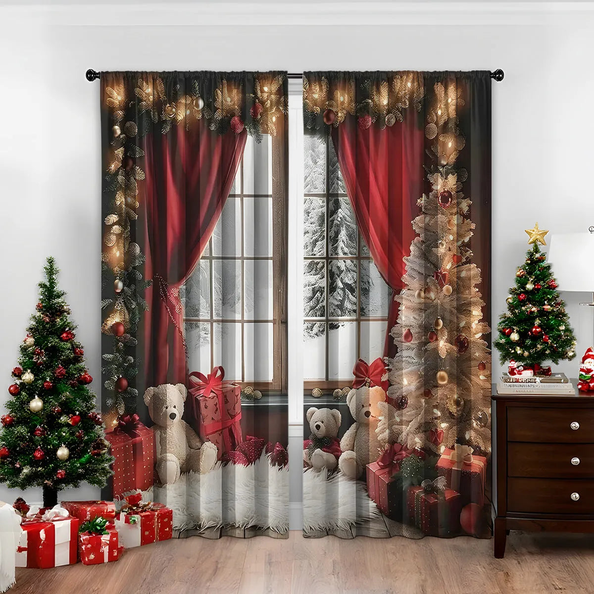 3D digitally printed Christmas curtains pair with European-style festive patterns on polyester fabric