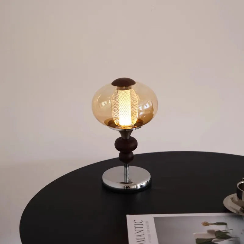 Zhonggu solid wood retro table lamp with touch dimming control and USB cable.