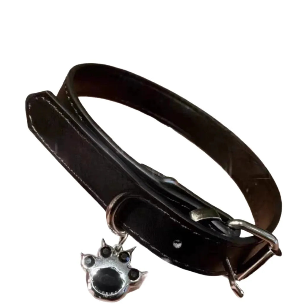 Black adjustable dog collar with choice of cat paw, bone, or LD leather charm on a white background.