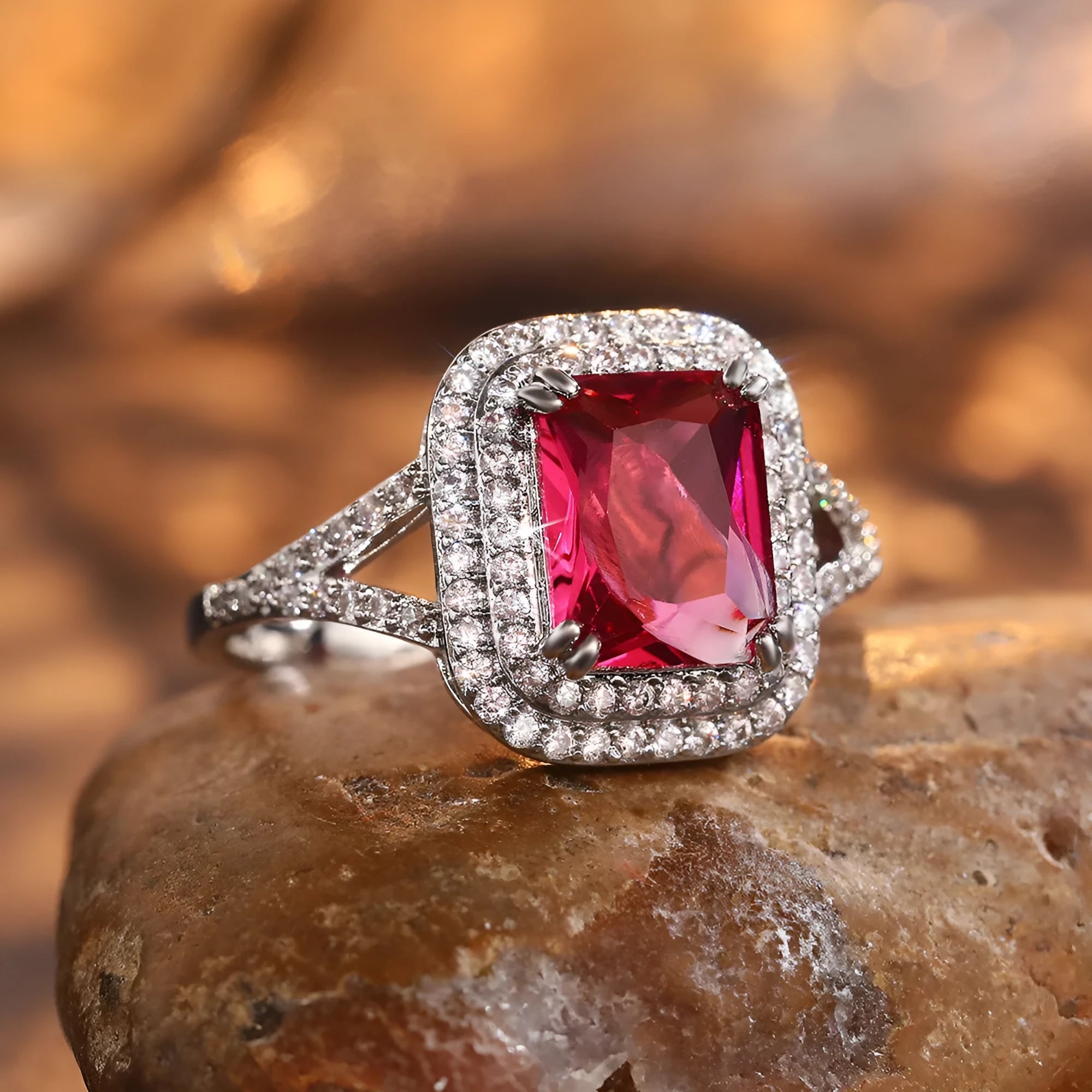 Copper square ring with red princess rhinestone for women, sizes 6-10.