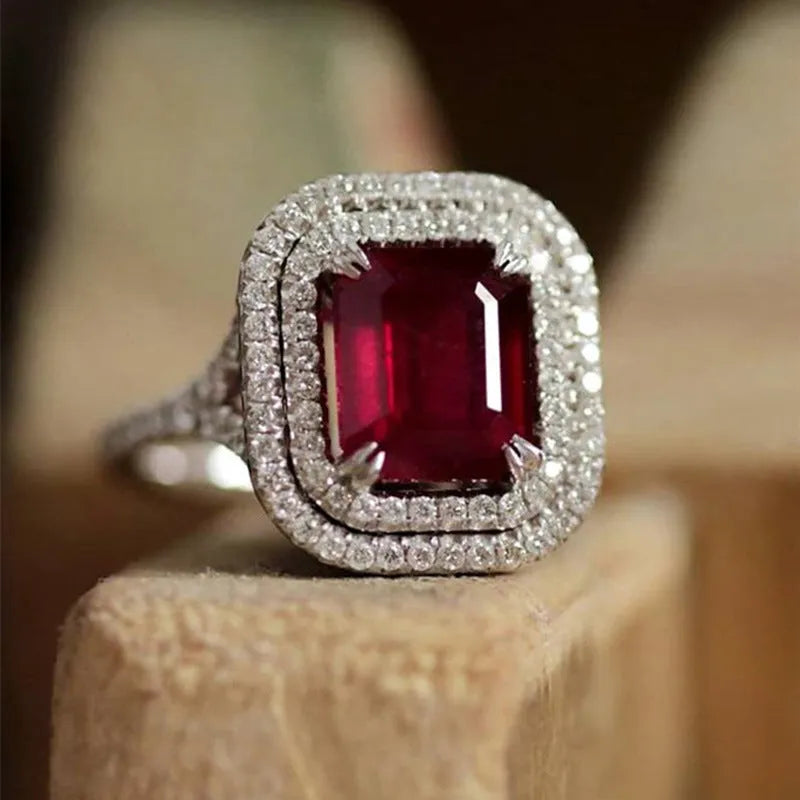 Copper square ring with red princess rhinestone for women, sizes 6-10.