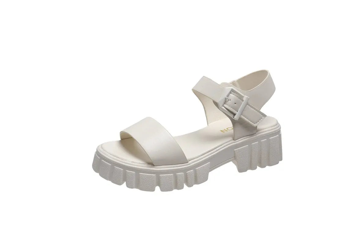 Women's beige peep toe sandals with ankle-strap buckle and platform heel in college style
