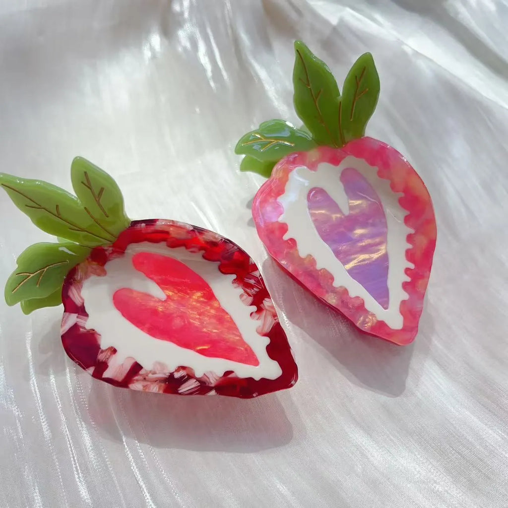 Strawberry-themed pastoral style hairpin for girls in red or pink colour options