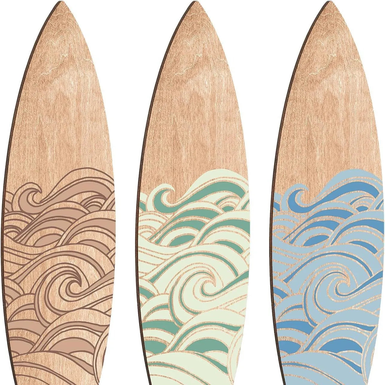 Three identical wooden surfboard shaped wall decorations on a white background.