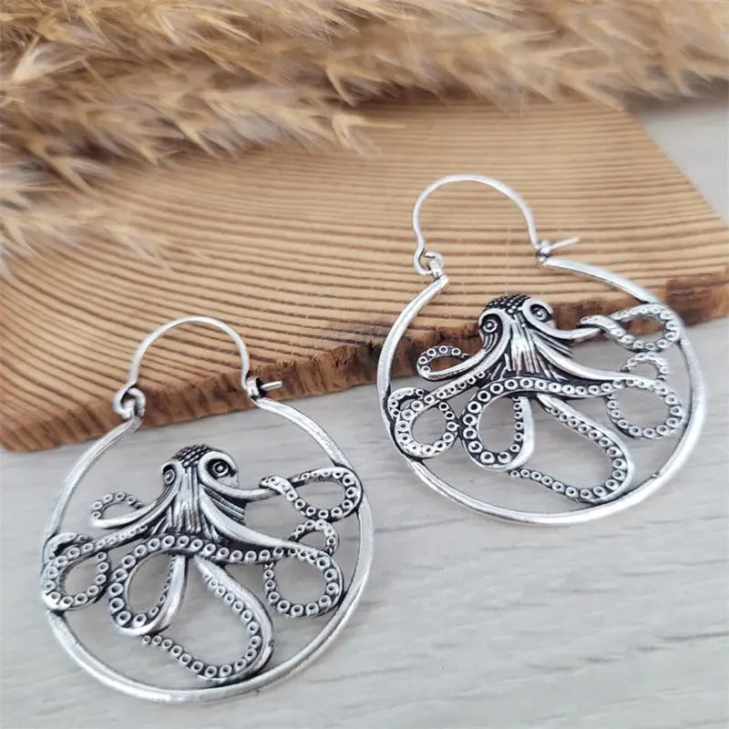 Vintage octopus earrings in antique silver finish with retro style animal design