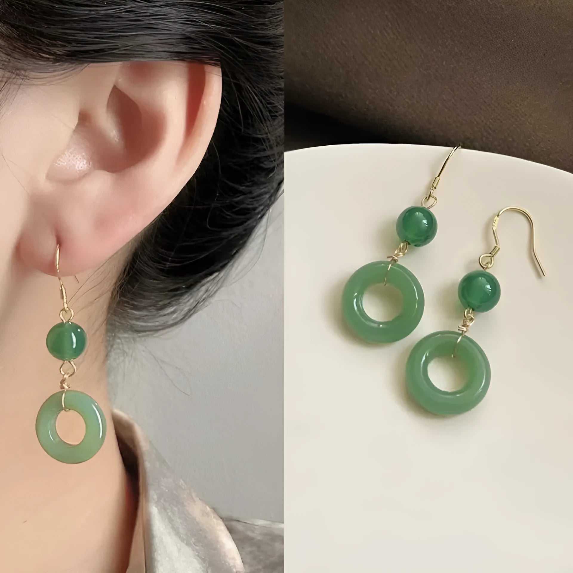 Green geometric peace buckle earrings with 14K gold plating on a zinc alloy base.