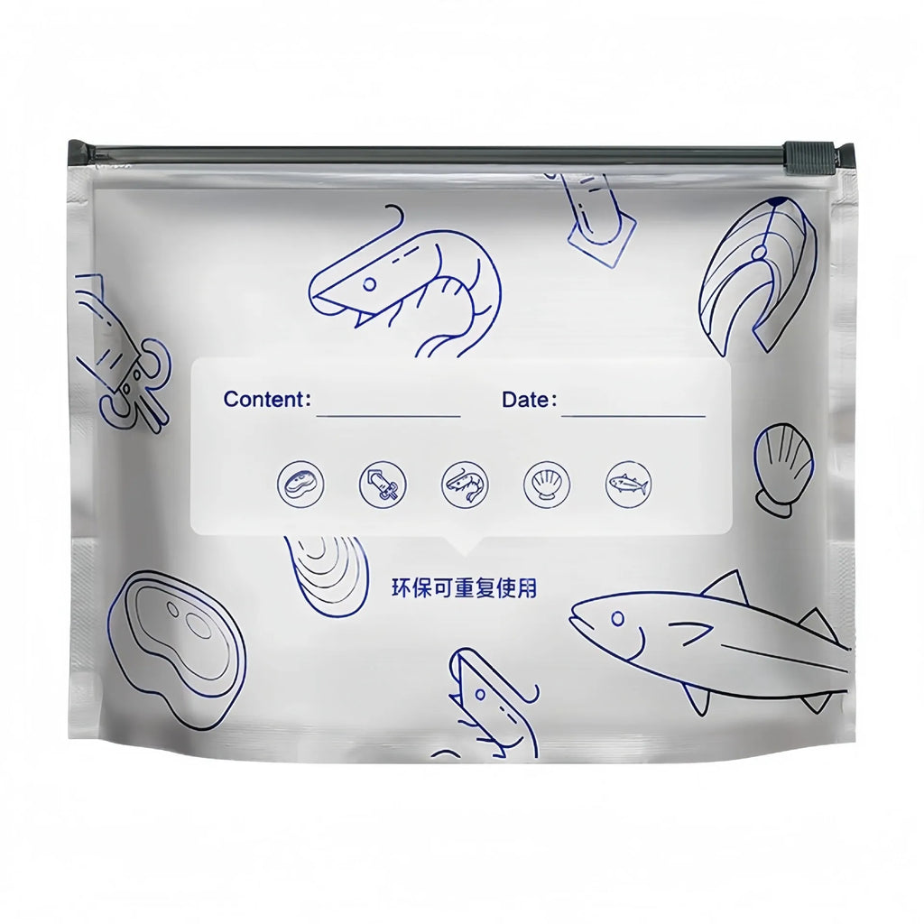 Set of aluminium foil sealed fresh bags and boxes in three sizes for food storage.