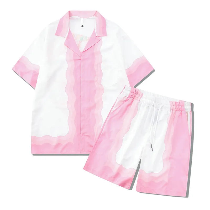 Plaid printed beach outfit for men, consisting of a short sleeve shirt and matching shorts.