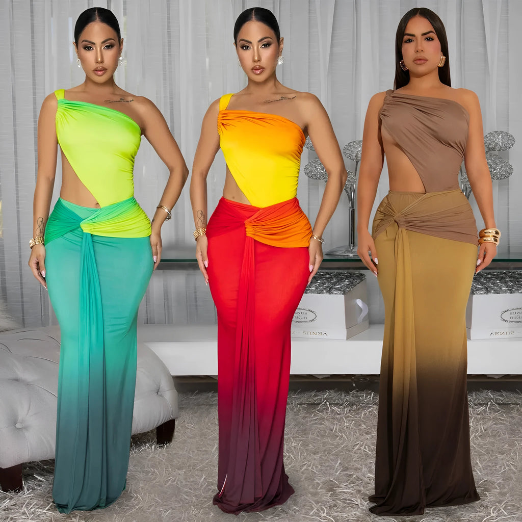 Women's gradient colour cross-shoulder sleeveless dress with high waist and long skirt.