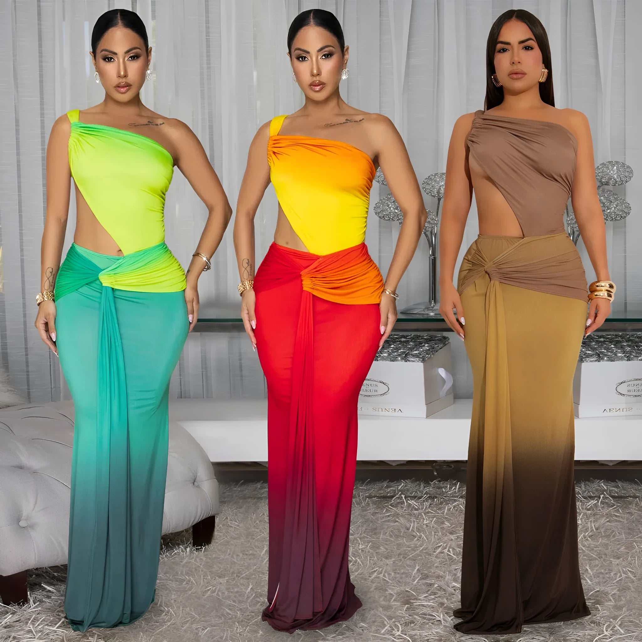 Women's gradient colour cross-shoulder sleeveless dress with high waist and long skirt.