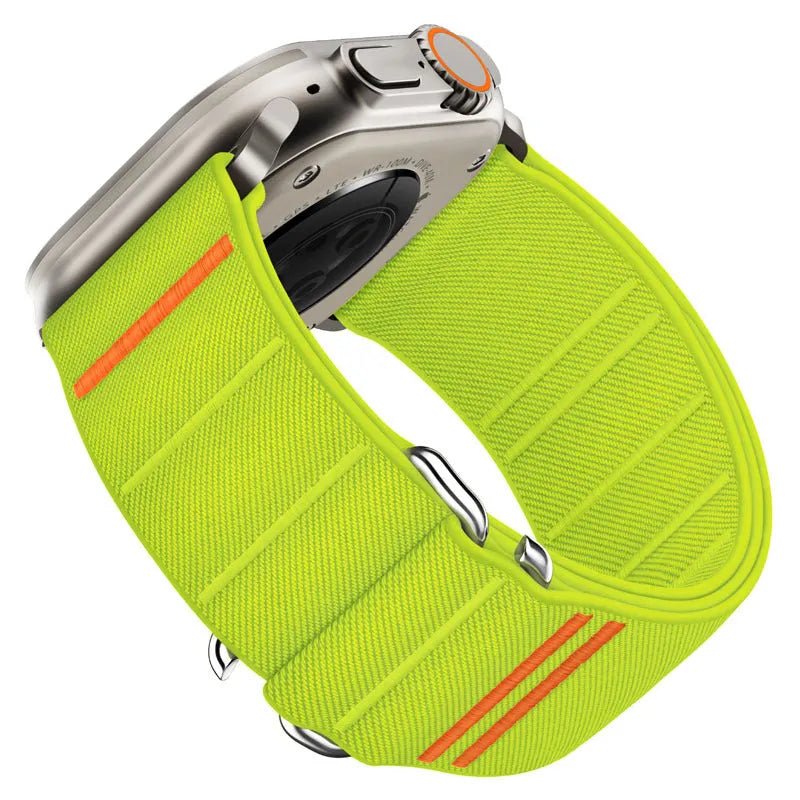 Elastic nylon Apple Watch replacement strap with stainless steel buckle in army green colour