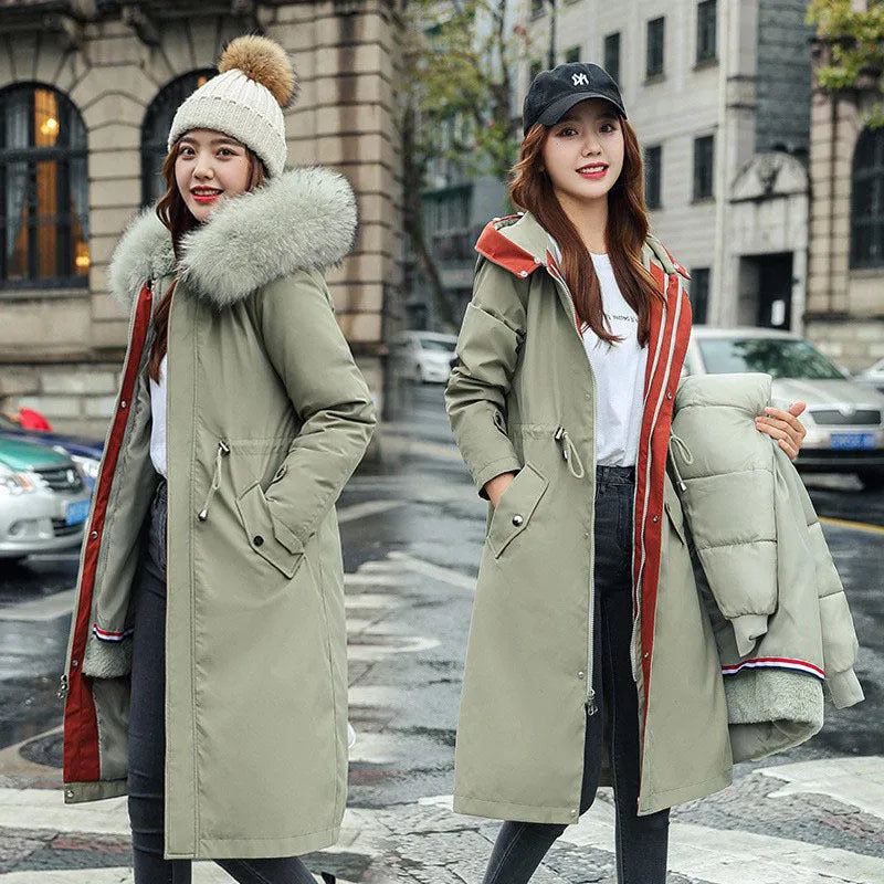 Women's long white trench coat with 100cm length, cotton-padded construction, and elegant style long sleeves