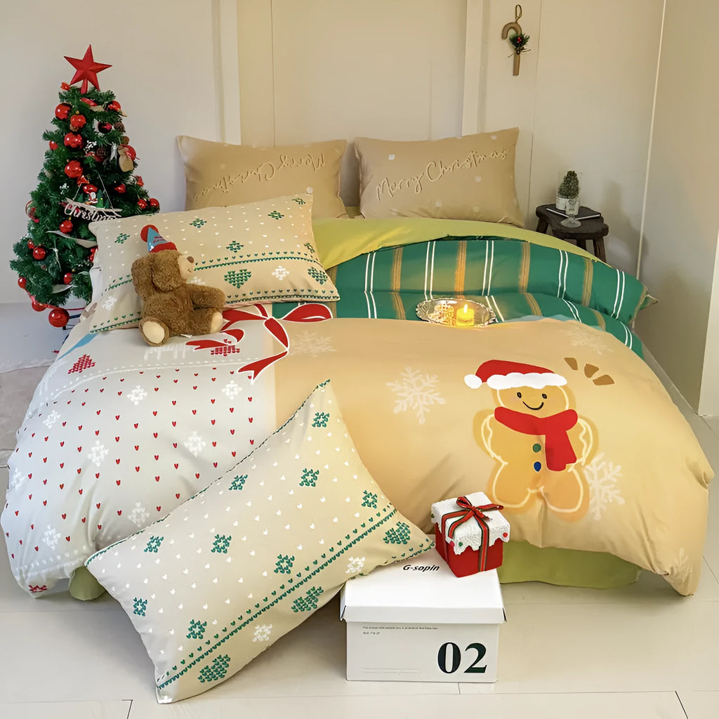 Christmas cartoon printed four-piece bedding set showing gingerbread man pattern on super soft washed cotton material