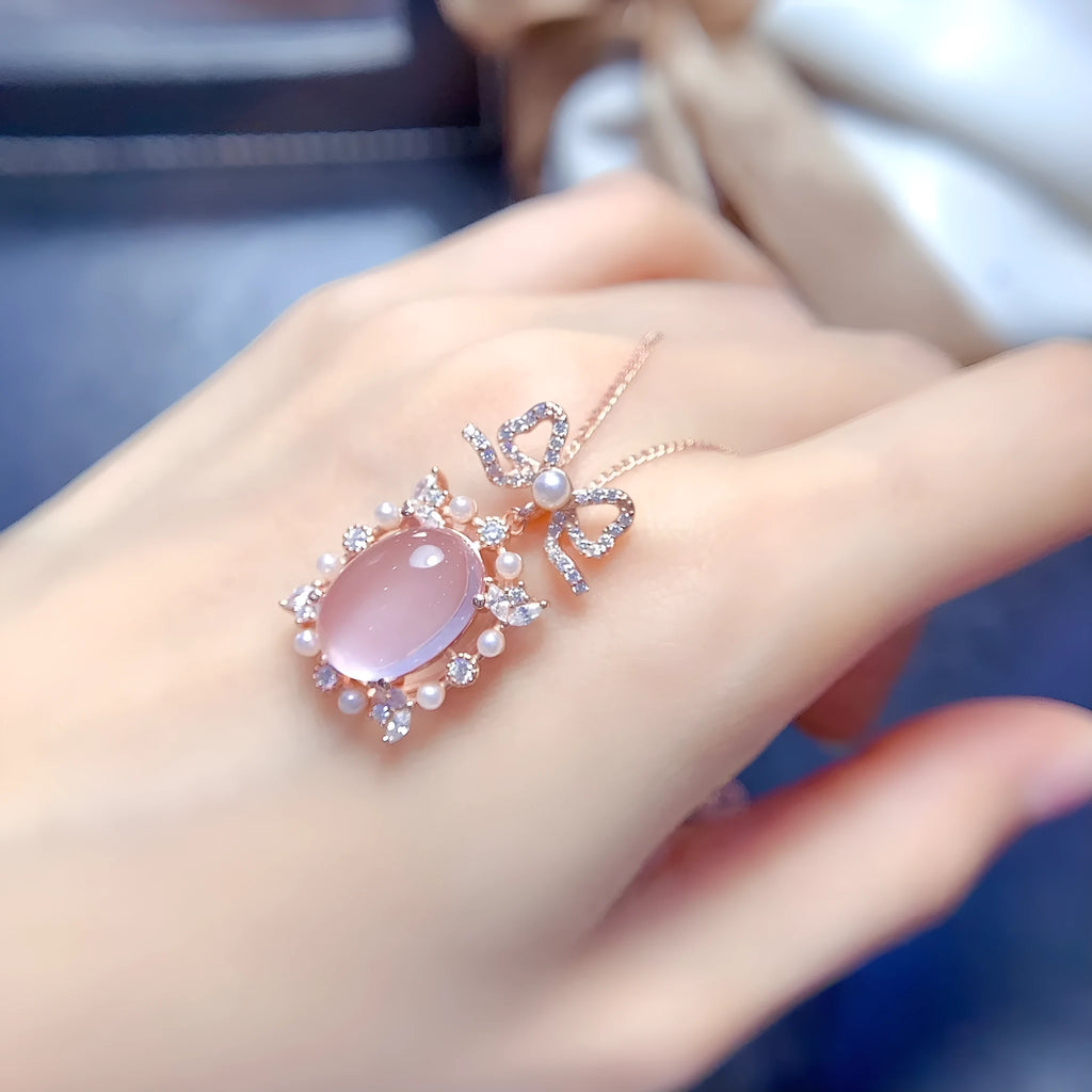 Geometric pendant necklace with pink crystal rose quartz, 925 silver, and rose gold plating