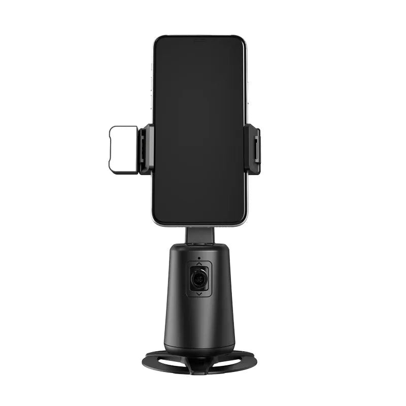 A200 black ABS desktop phone bracket with rotating camera head, face tracking, and ribbon lights