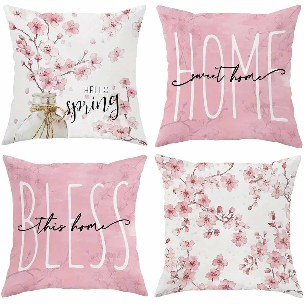 Square cherry blossom letter cushion cover on short velvet fabric, 45x45cm without insert