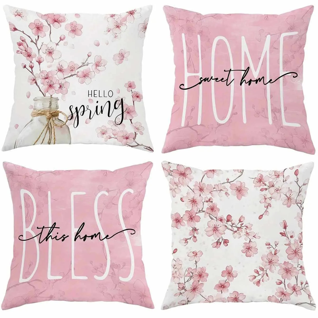 Square cherry blossom letter cushion cover on short velvet fabric, 45x45cm without insert