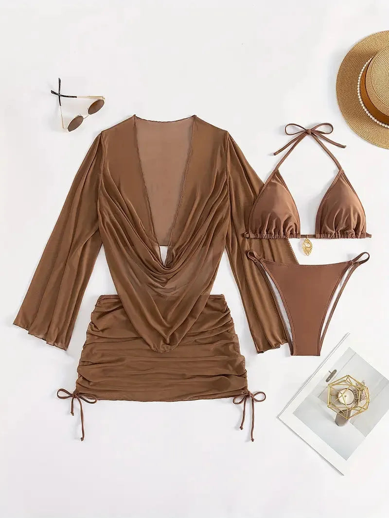 Women's European style blouse lace-up bikini swimsuit in dark brown or black with backless design