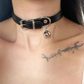 Black adjustable dog collar with choice of cat paw, bone, or LD leather charm on a white background.