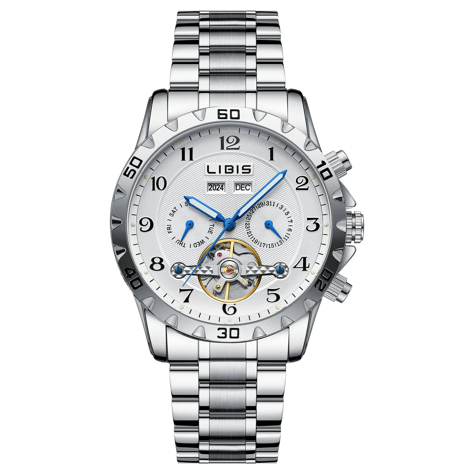 Men's silver automatic perpetual calendar mechanical watch with stainless steel strap and sapphire glass
