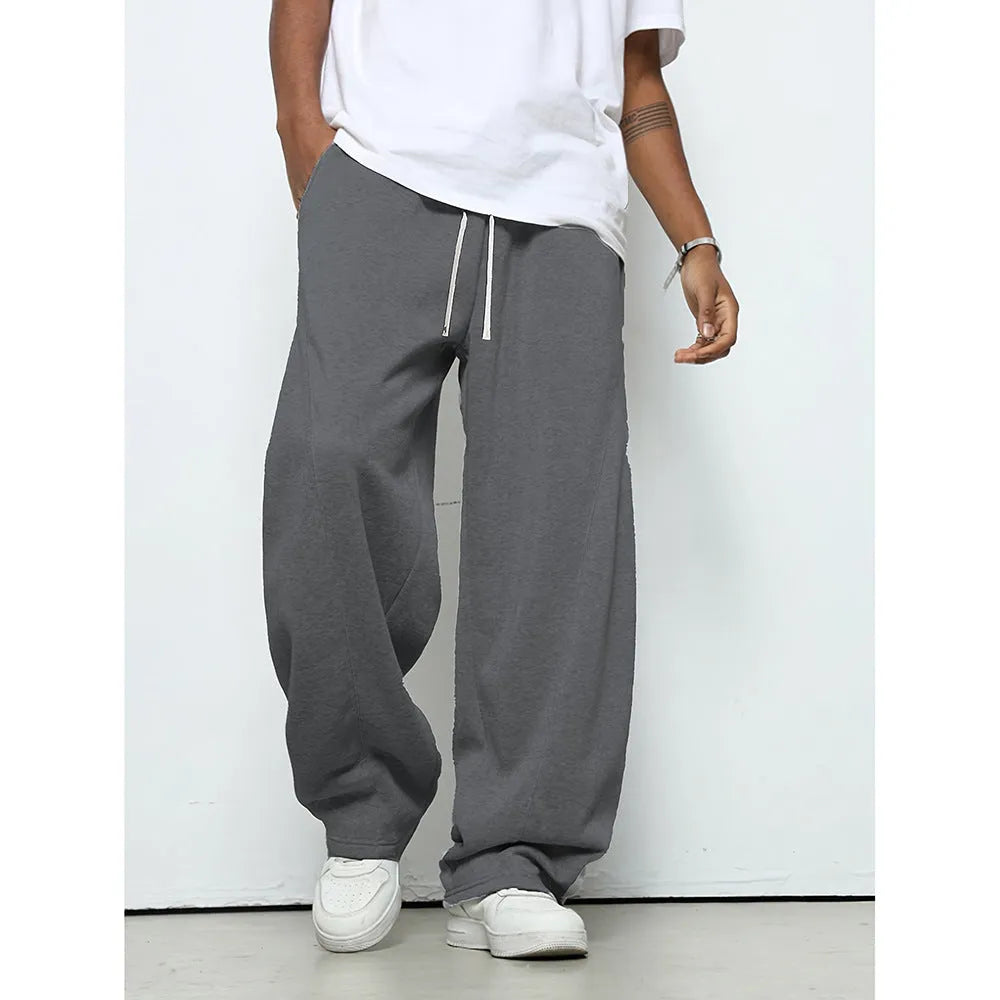 Men's straight-leg casual trousers in grey with a micro-elastic drawstring waist.