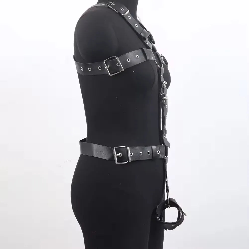 Black imitation leather bondage suit with thin straps and a pin buckle fastening.