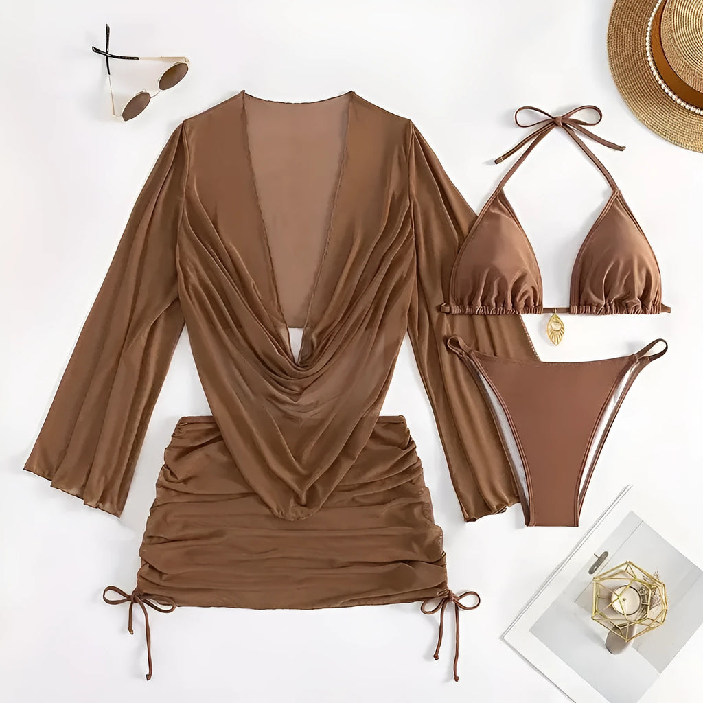 Women's European style blouse lace-up bikini swimsuit in dark brown or black with backless design