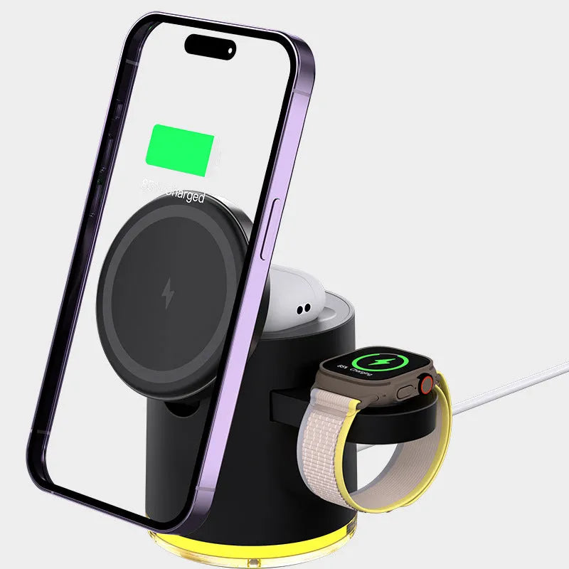 C16 portable magnetic three-in-one wireless folding charger in black and ivory white colours