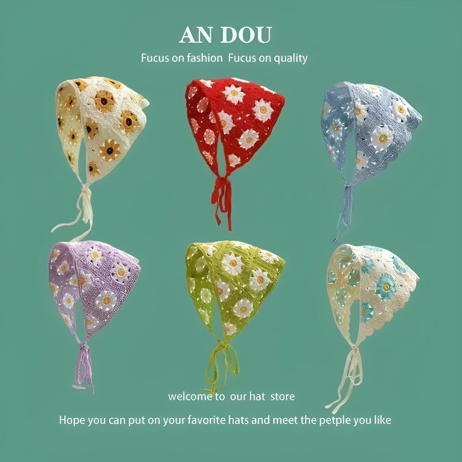 Cotton triangle headscarf with beige blue little daisy floral pattern styled on woman head