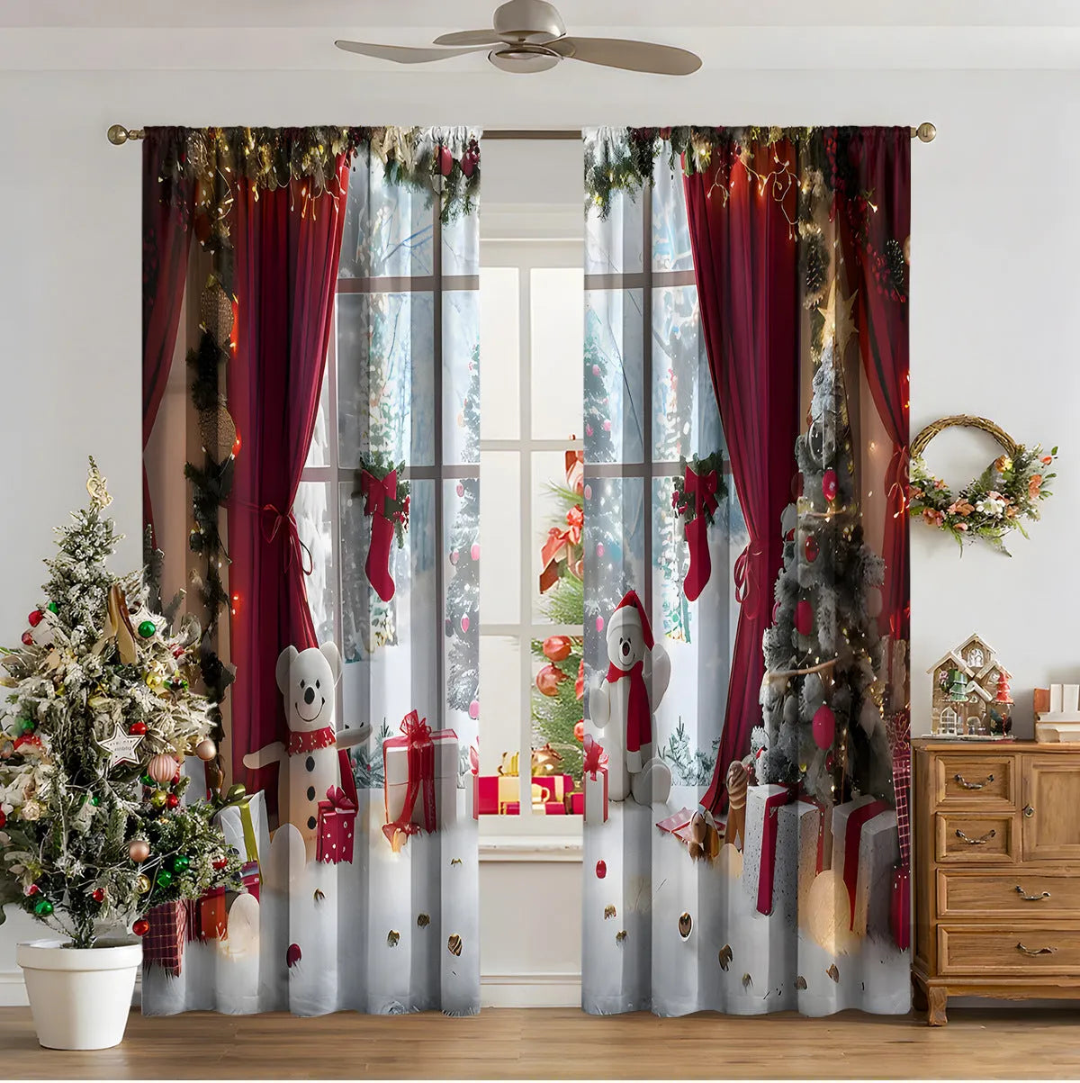 3D digital printed Christmas curtains in European colour designs with high sunshade function