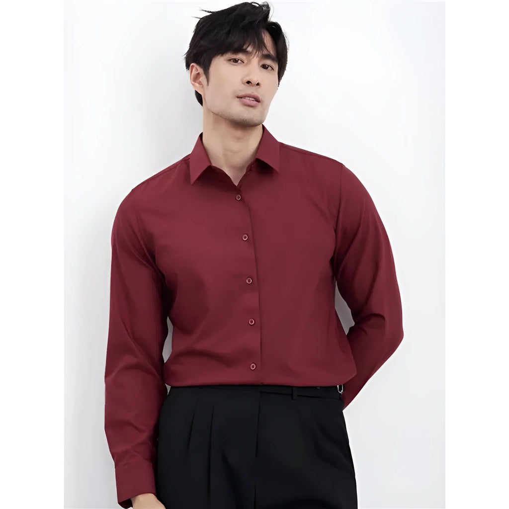 Men's wine red slim fit casual long sleeve shirt with non-ironing treatment
