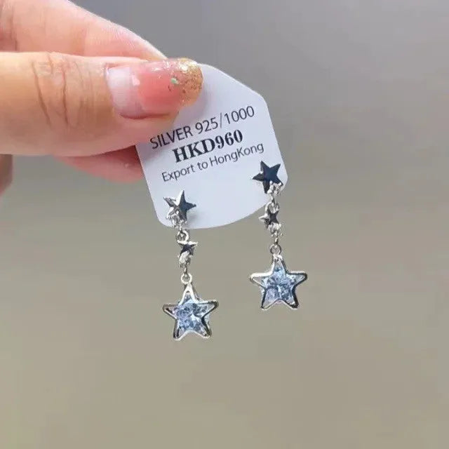 Geometric heart shape women's earrings with rhinestone star and tassel drop design in electroplated alloy