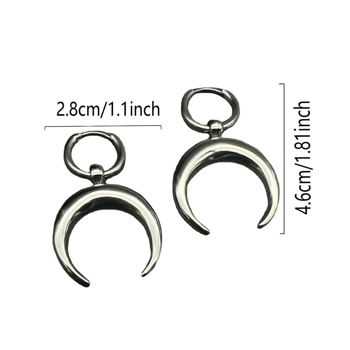 Silver geometric moon hoop earrings with punk-style ear clips, gothic lunar design on alloy base