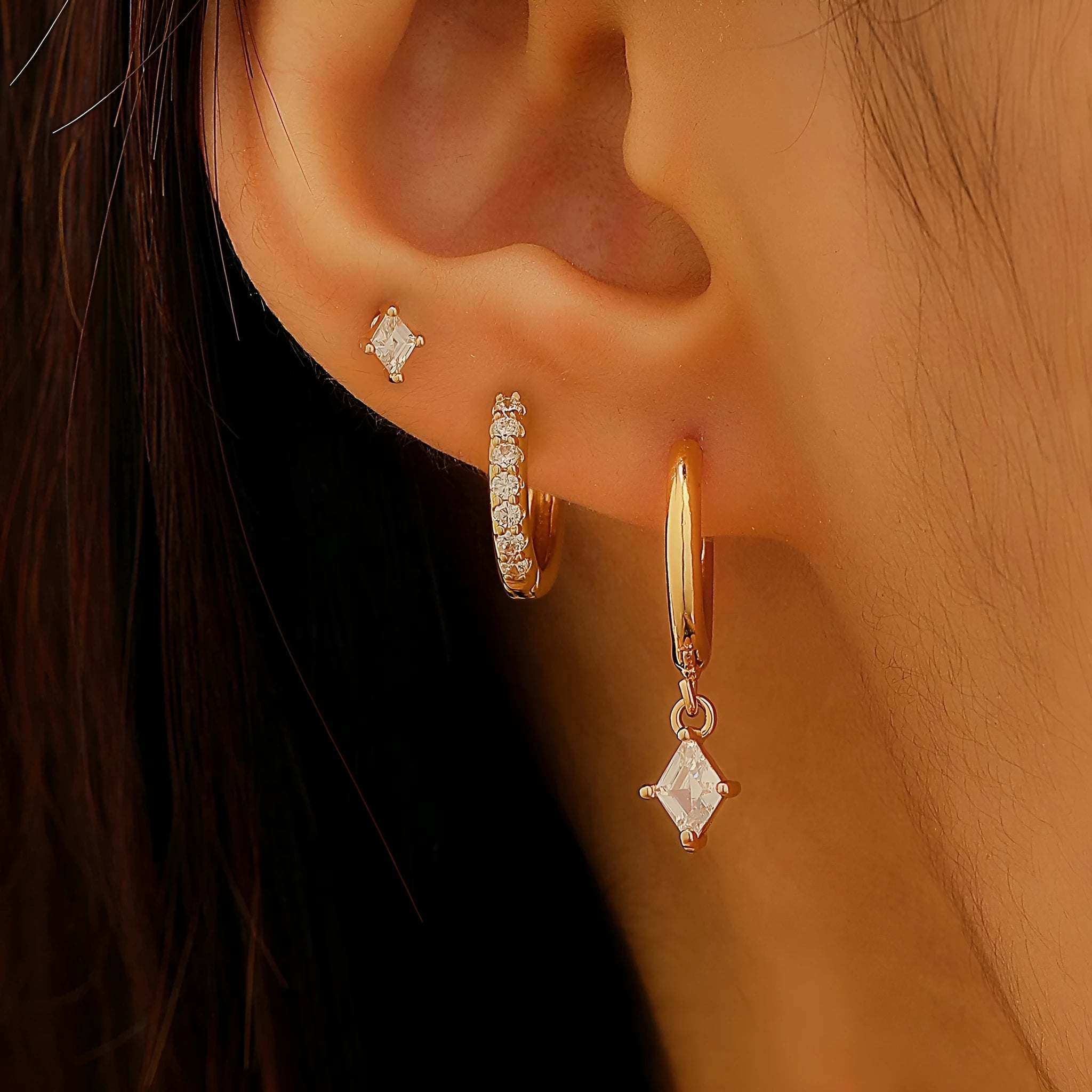 Ladies three-piece geometric earring set with inlaid zircon in gold or white finish