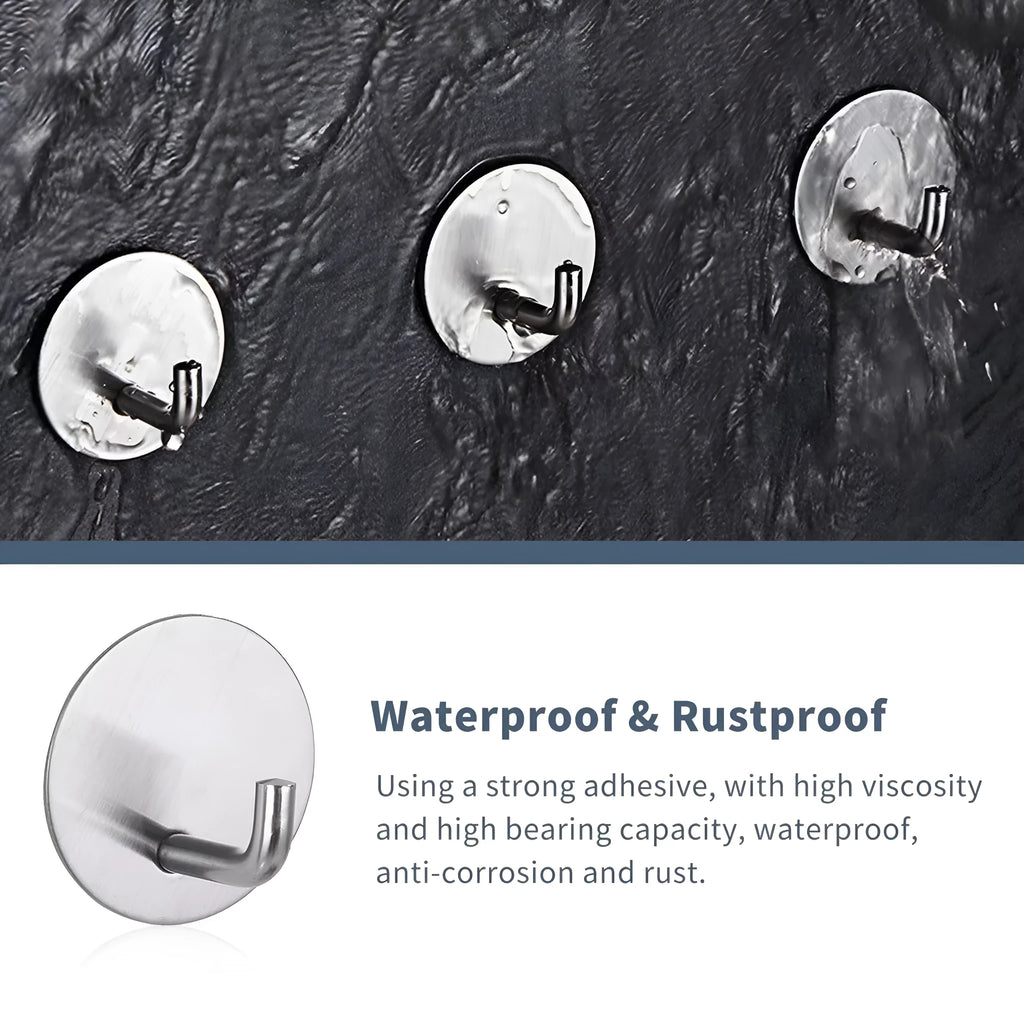 Self-adhesive stainless steel single hook for bathroom and kitchen organisation with 3kg load capacity