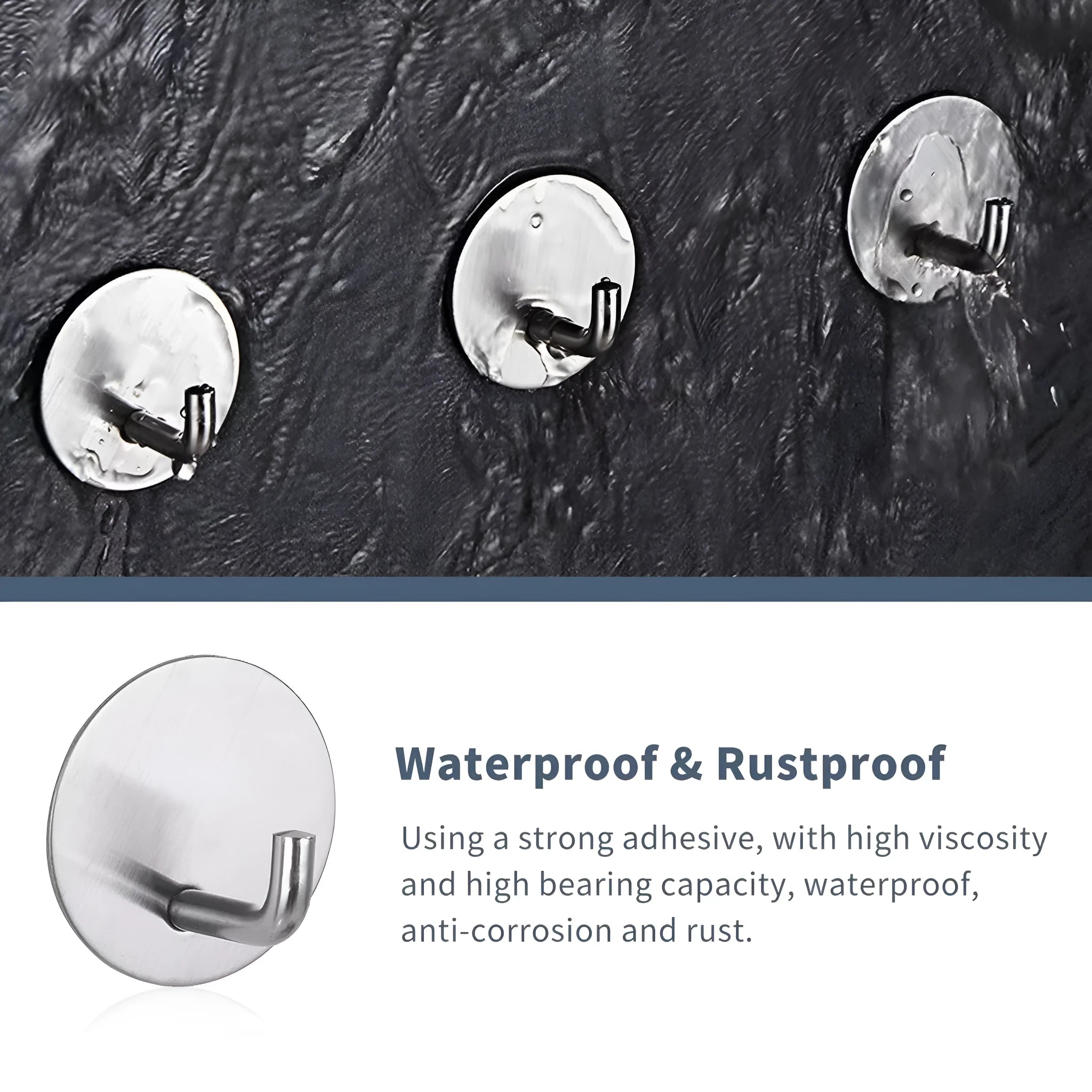 Self-adhesive stainless steel single hook for bathroom and kitchen organisation with 3kg load capacity