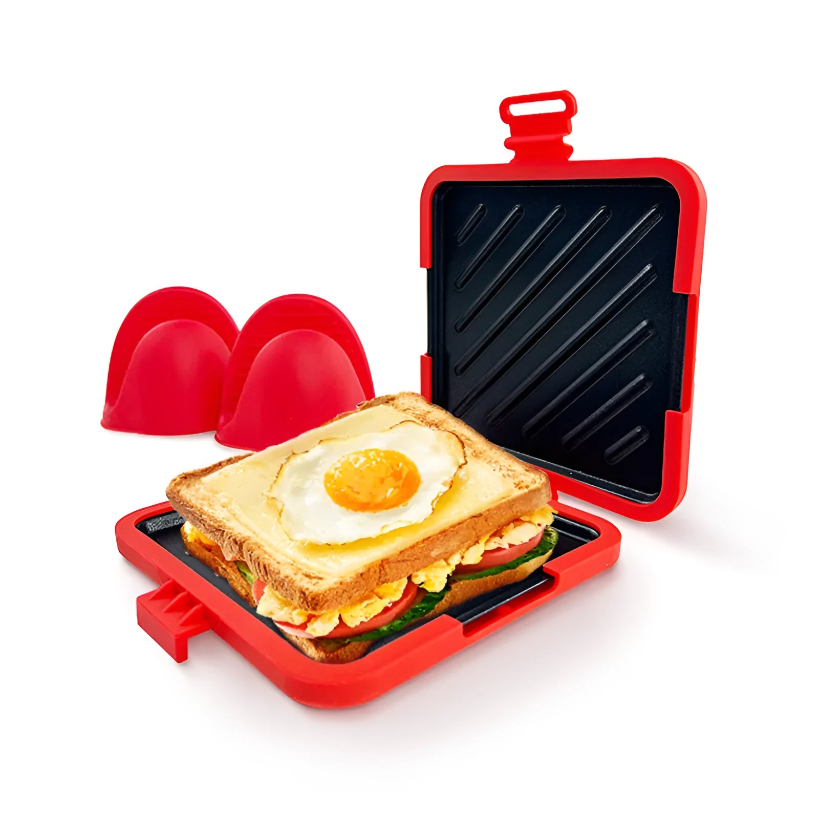 Red silicone baking tray with handbag-style handles and matching oven gloves set