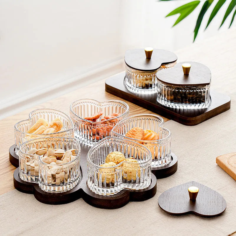 Glass snack platter with coloured glaze and transparent heart-shaped lids in retro style