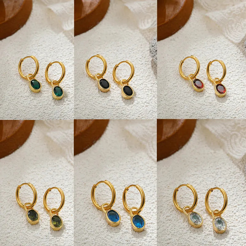 Copper retro oval earrings with zircon stones in six colour variations.