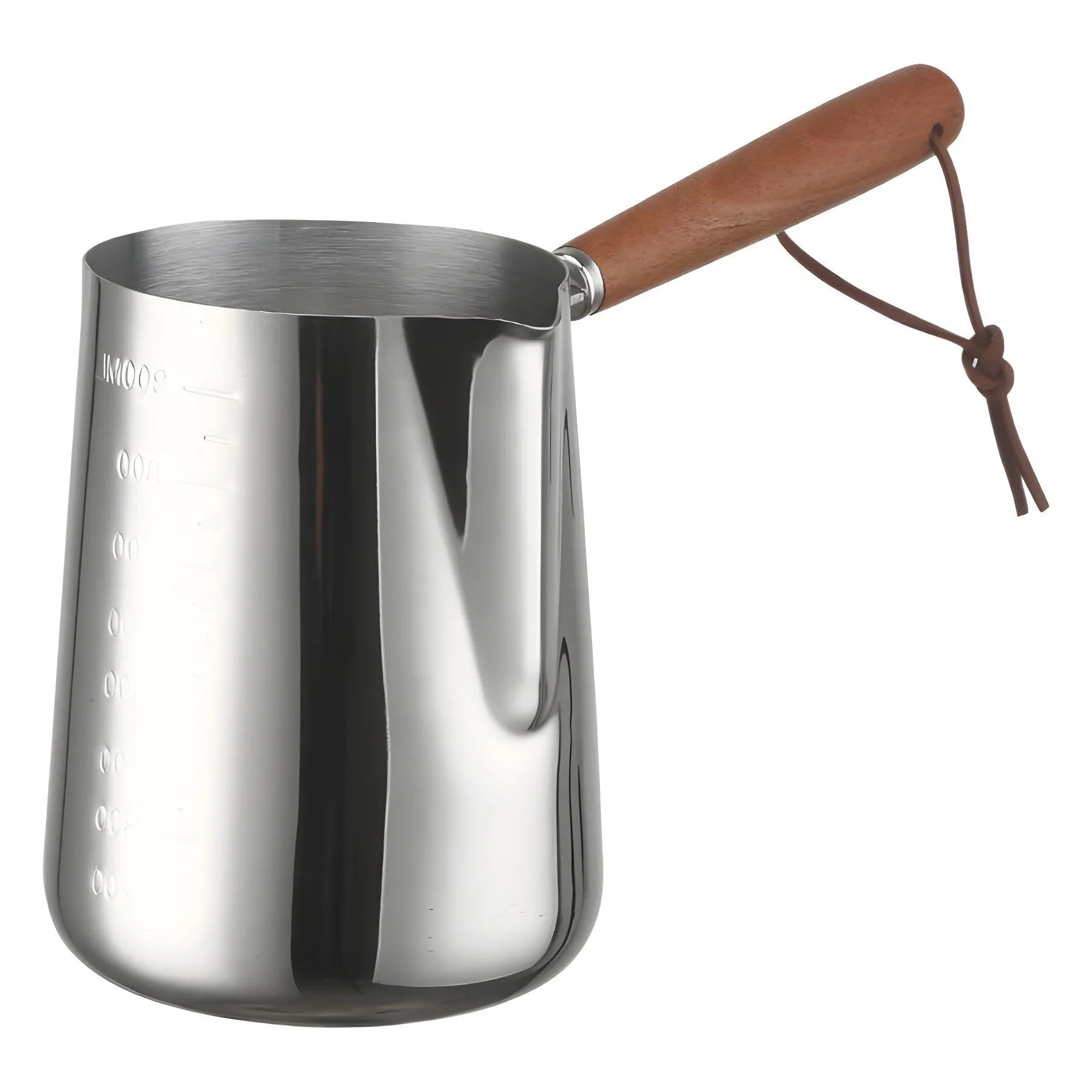 Stainless steel coffee cup with measurement scale and wooden handle in simple design