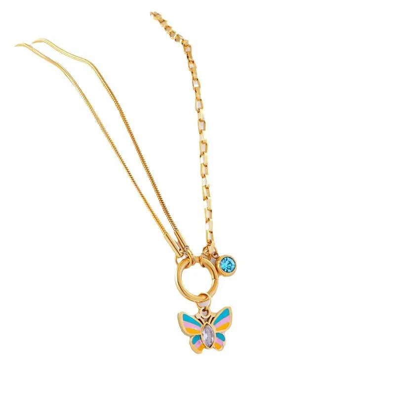 Gold titanium steel epoxy butterfly necklace and bracelet set with snake bones chain.