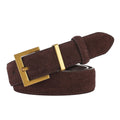 Women's black leather belt with quadrilateral silver alloy pin buckle on wooden surface