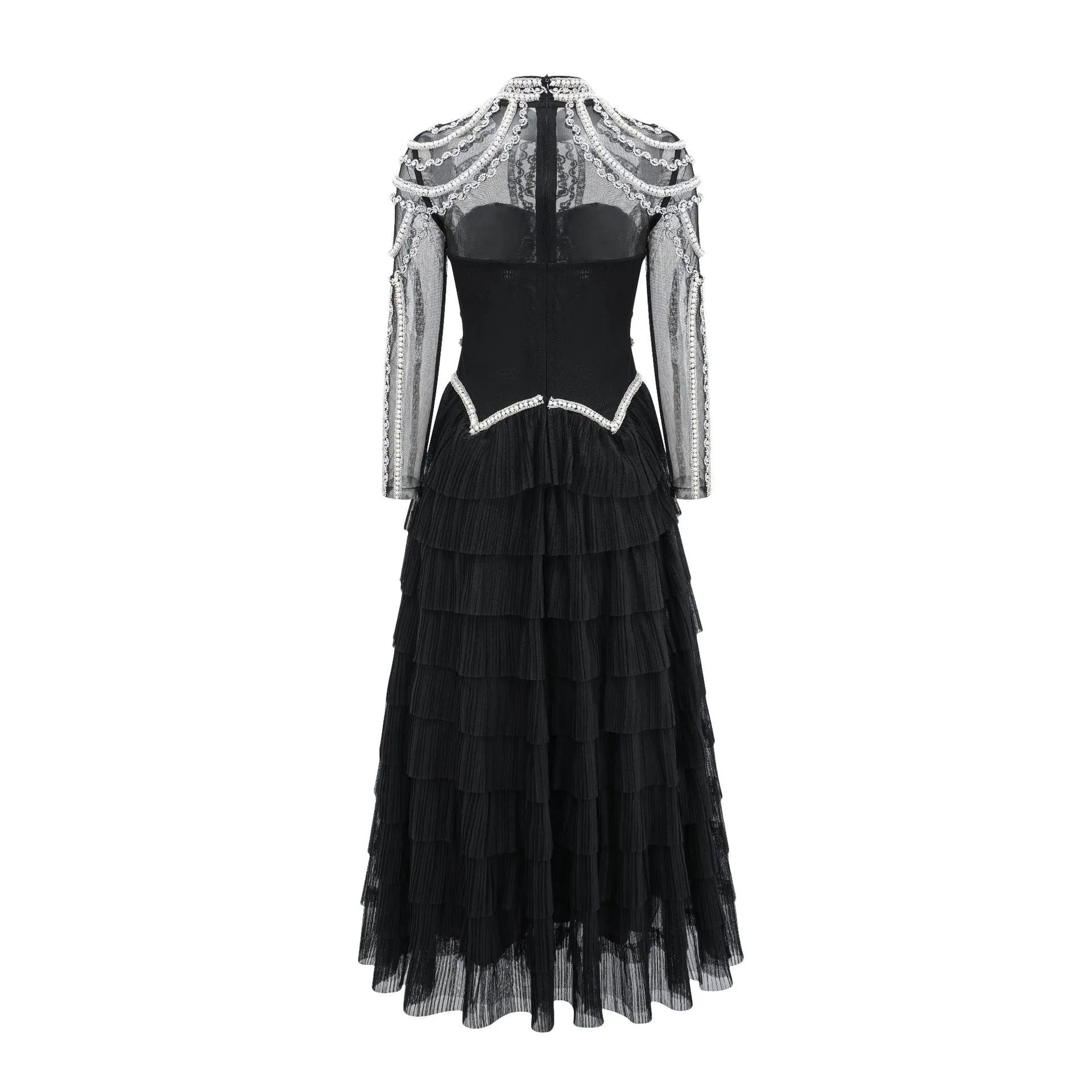 Women's black long sleeve beaded formal dress with mid waist and full-length skirt.