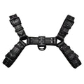 Black leather chest bondage strap with metal buckle adjustment for adult muscle harness