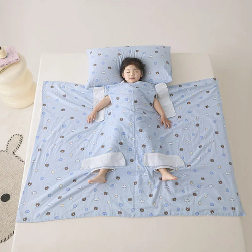 Colourful patterned anti-kick sleeping bag blanket folded to show size and design.