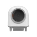 White automatic enclosed cat litter box with dimensions 556mm by 512mm by 590mm.