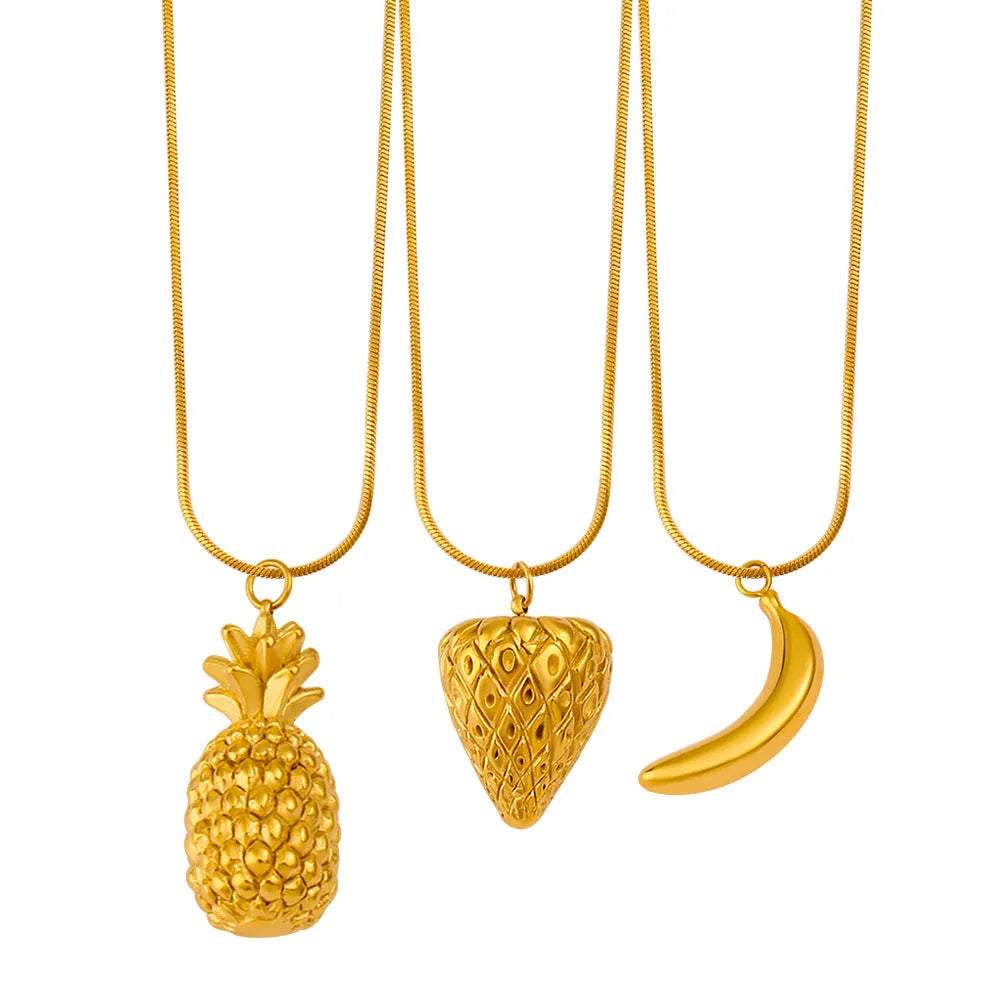Stainless steel fruit pendant necklace with apple, grape, watermelon designs on alloy chain